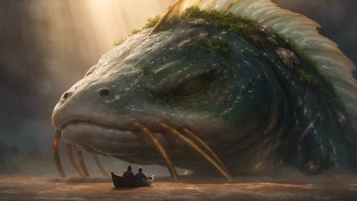 An enormous river creature’s head rises beside a tiny boat